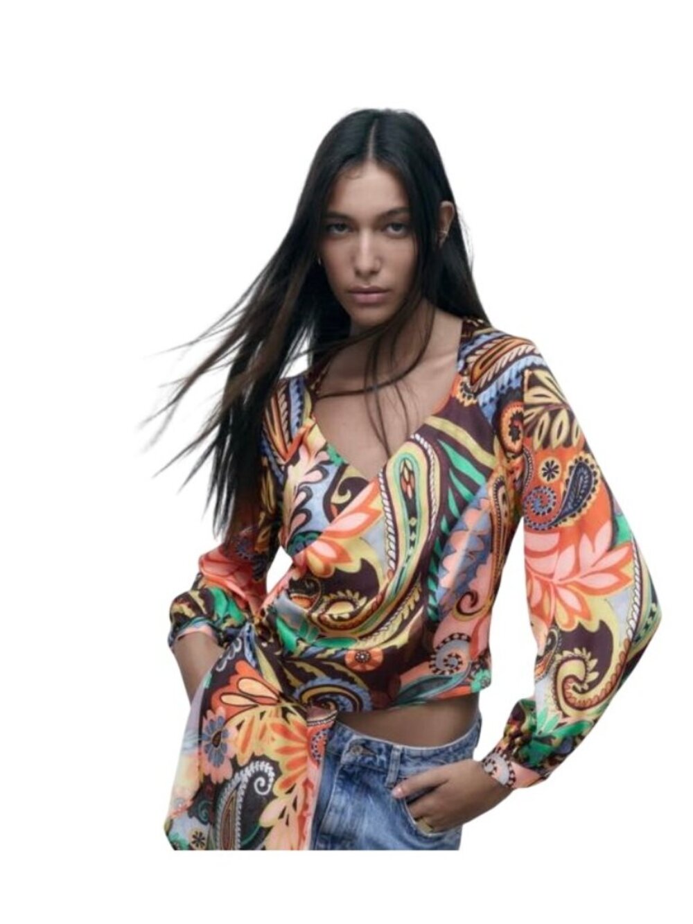Zara Wrap Blouse Small Paisley Long Sleeve Side Tie Multi Boho Psychedelic NEW